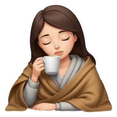 sleepy brunette girl inside a blanket, drinking coffee, eyes closed sticker