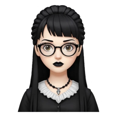 Faça uma moça de cabelo preto micro franja e penteado gótico pálida e com maquiagem gótica pesada olhos castanhos escuro e óculos  sticker