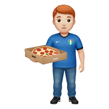 chubby light-freckled red-haired man with modern fade haircut and styled bangs, wearing black baggy jeans and blue Italian soccer jersey 2024 home kit, holding a pizza box sticker