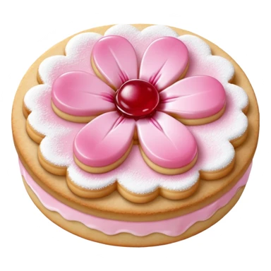 Realistic shortbread cookie in the shape of a cherry blossom with pale pink color jelly middle filling and sprinkled powder sugar on top. sticker