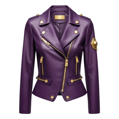 Dolce and gabanna brand Cropped midnight plum color leather detailed jacket for women with 10k gold and metallic chrome edgy style embellishments. 8k, 5000x5000px, 3D rendering, realistic, isolated still life, no emoji faces no emoji icons no human figures  sticker
