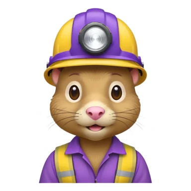 a mole rat, purple helmet, headlamp, yellow worker cloth sticker