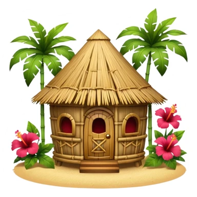 Hawaiian tiki hut house, round tropical hut, bamboo details, thatched roof, tiki masks decoration, hibiscus flowers, cute mobile game icon, 3D cartoon, clean background, no text sticker