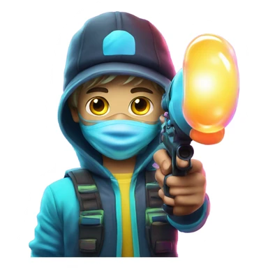 Caucasian boy in glowing rave gear with mask and hat and shooting a bubble gun sticker