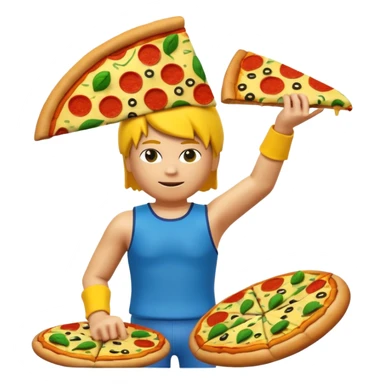 A roblox avatar yellow head arms blue troso green legs and a whole pizza on his head sticker