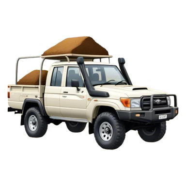 Toyota LandCruiser 70 Series (2021) – Cinematic-realistic Toyota LandCruiser 70 Series ute, its rugged white frame bouncing over rough farm tracks. Dust billows behind as the vehicle powers across dry paddocks, a trusty farm dog perched in the tray, scanning the horizon. sticker