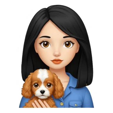 Italian girl long straight black hair black eyes button nose full lips holding apricot Cavapoo dog sticker