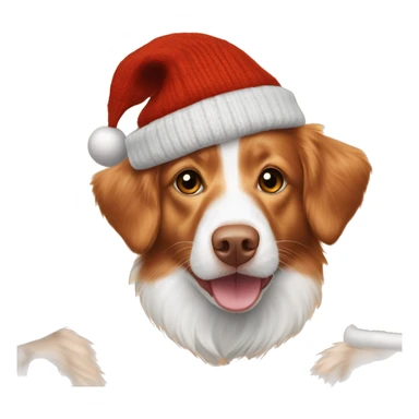 Orange and white Nova Scotia duck toller dog wearing a Christmas sweater and hat sticker