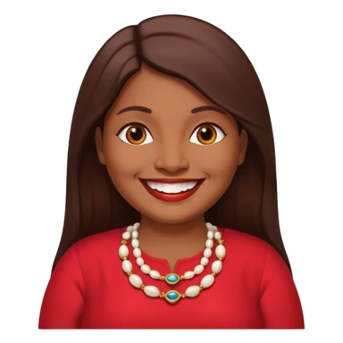 50 yr old chubby Sri Lankan woman, dark skin, straight brown hair, big smile, white teeth, red dress clothes, longer hair straight, big teeth sticker