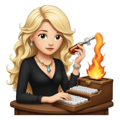 A sketchnote illustration rendered in a strong moody style, featuring a blonde woman with cascading gorgeous hair, a keyboard, a whiskey bottle, a key, a jewelry box, and fire elements against a black background. The lighting is low with low contrast, emphasizing dramatic shadows. sticker