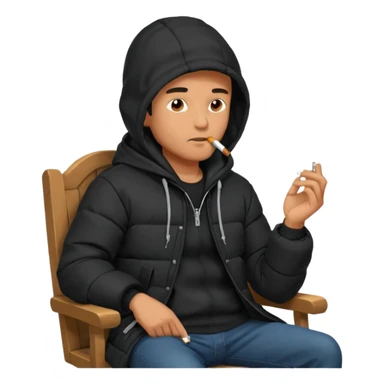 A man sitting on a chair, wearing a black puffed coat with hood, hands in his pocket, smoking a cigaret, he is on a chair i sticker