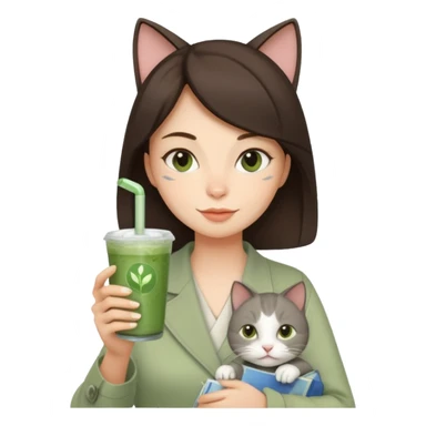a brunette woman in here 30S drinking an iced matcha, carrying a grey cat and a map of the world sticker