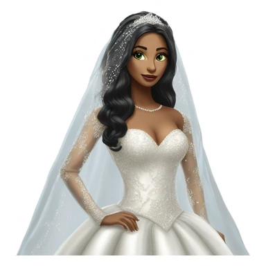 Hyper Realistic ornate ballgown long sleeve Wedding dress with diamanté on bride with green eyes and long black hair with veil sticker