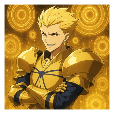 Gilgamesh from Fate anime, summoning golden portals, smirking, anime style sticker