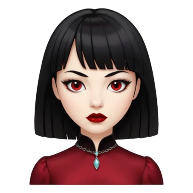 “Emoji girl, porcelain skin, sharp eyeliner, vampy deep red lips, straight jet-black hair with bangs, intense eyes, wearing black silk dress.” sticker
