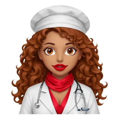 Sensual Spanish Lilith core evil surgeon.red outfit.  Surgeon has hazel eyes. Her hair is BROWN. Hair is also  long and  curly. wearing a sexy surgeon outfit with platform  heels.she is a calculated smart cereal killer. She covers only her mouth and nose with silk scarf to hide identity  sticker