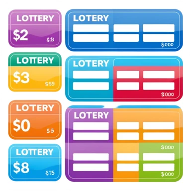 Create blank lottery coupons fanned out, clean and colorful, with different header colors and simple grid sections. No numbers, no text—just empty fields and a lottery-ticket layout. Bright, modern, and on a neutral background. sticker