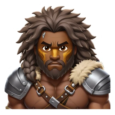 Clash of Clans aesthetic: Cinematic Battle-Hardened Barbarian Portrait Emoji, Stark and unyielding with a burly, muscular frame marked by scars, wild, flowing hair and a steely, unrelenting gaze, dressed in rugged furs and bone armor, Simplified yet meticulously detailed features, highly detailed, glowing with a cool, steely radiance, high shine, relentless and valorous, stylized with an air of ancient tribal might, focused and resolute, soft glowing outline, capturing the essence of a seasoned barbarian whose every scar tells a story of survival and conquest! sticker