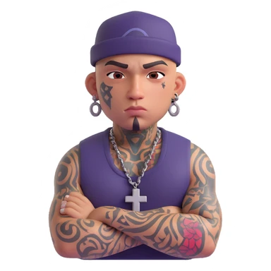 gangster character with face tattoos including teardrop tattoo and cross tattoo, tough expression, urban style sticker