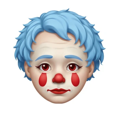 portrait of a sad clown emoji, white face paint, red nose, minimalist makeup with drooping eyebrows and frown, visible tears under the eyes, short curly pastel blue hair, simple ruffled collar, soft subdued colors, glossy highlights, centered close-up, white background sticker