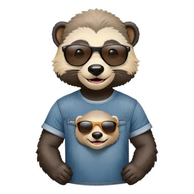 friendly anthropomorphised honey badger in jeans and a t-shirt, wearing sunglasses, head and shoulders view, smiling sticker