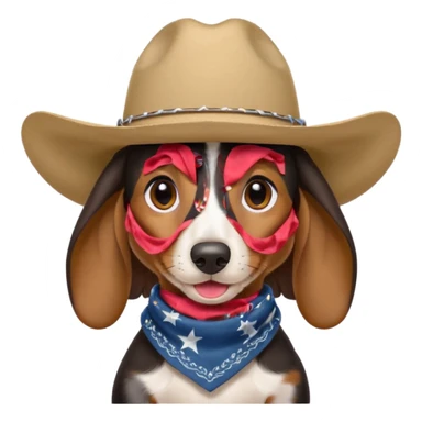 mostly black with some brown long hair daschund with a cowboy hat, ears curl out a bit and bandana and tongue slightly out sticker