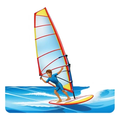 A windsurfer gliding across the water, with a vibrant sail catching the wind. The scene captures the motion of the board riding the waves, surrounded by the bright blue sky and ocean, symbolizing the excitement and skill required in the sport of windsurfing. sticker