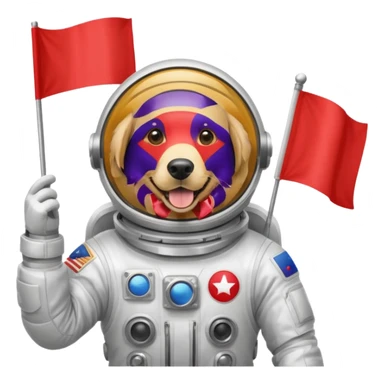 golden retriever body in space suit holding red rectangle flag sticker