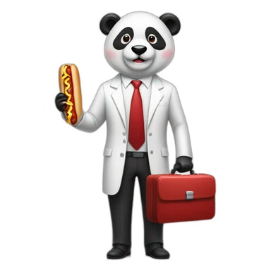 A professor with white suit and red tie and a panda face eating a hotdog and holding a black suitcase sticker