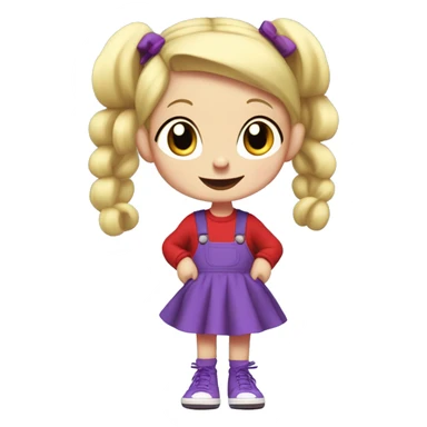 A little blonde girl with pigtails and little purple bows wearing a red long-sleeved shirt and purple overalls skirt with blue tights with green polka dots and purple sneakers, full body, rugrats sticker