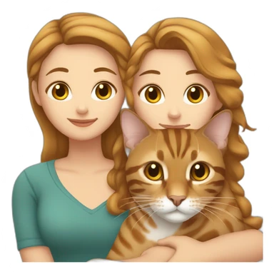 One white woman with short brown hair with a white woman with light brown shoulder long hair hugging a tabby brown bengal cat sticker