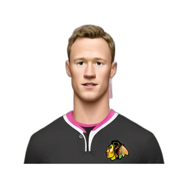 Jonathan Toews standing in front of pink mansion sticker