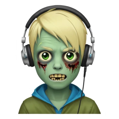 boy zombie whit blonde emo hair and eyes blue and GREEN SKIN and heandphones AND A MICROFONE and gold teeth sticker