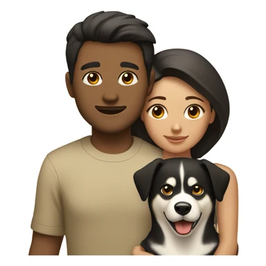 A couple man and woman Both have dark hair, with in the middle of them. A Husky. Golden beige sticker