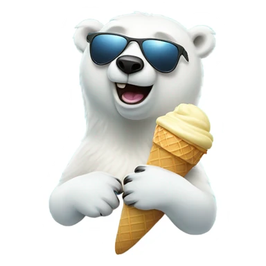 A polar bear on a surf board in the ocean wearing sunglasses and eating an ice cream cone sticker