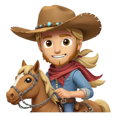 clash-of-clans-aesthetic_-cinematic-playful-cowboy-portrait-emoji, head-tilted with a roguish, cheeky grin and twinkling eyes, featuring a wide-brimmed cowboy hat and a weathered bandana on tan skin, riding a powerful galloping horse with dynamic flowing mane, reins gripped firmly in one hand and a lasso in the other, as dust swirls behind them in a vast desert landscape. sticker