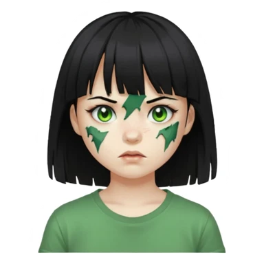 Garota de cabelo preto com franja com a pele verde e ferimentos expostos na cara, usa uma camiseta branca rasgada e suja de poeira  sticker