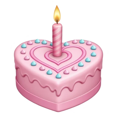 heart shaped birthday cake, pastel pink color, with one candle, cute design, sparkles sticker