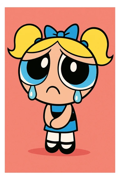 Powerpuff Girls character with a sad emotion, cartoon style, vibrant colors sticker
