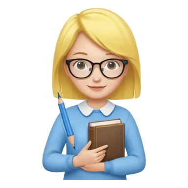 A smart and cute girl with yellow bobbed hair, wearing sky blue clothes,
I hold a book in one arm. There is a pen in the book.
He is wearing black-rimmed glasses and smiling brightly. sticker
