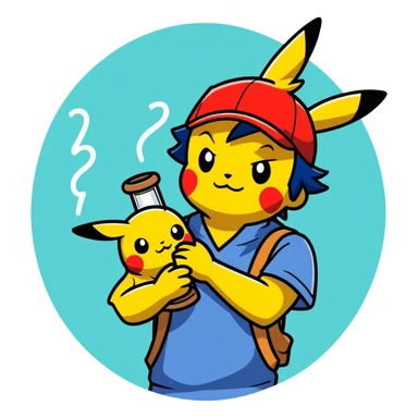 21 yo Handsome Ash Ketchum using a bong with picachu on his head sticker