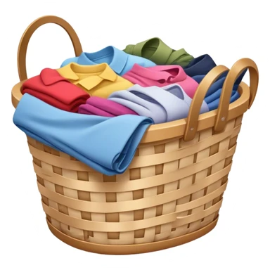 A laundry basket filled with clothes, some neatly folded and others piled up. The basket is made of plastic or woven material, with handles on the sides sticker