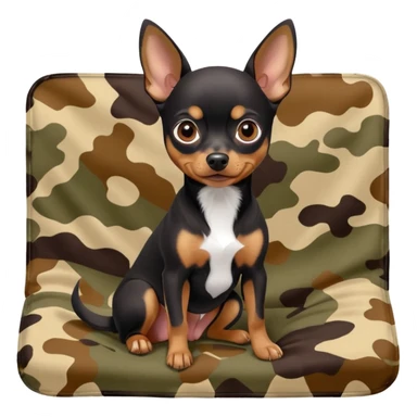 Miniature Pinscher Chihuahua mix dog with a dark coat sitting on a camouflage blanket, cute and expressive sticker