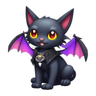  cool edgy kawaii ethereal dark-punk-themed animal vampiric cat-hybrid Fakemon with fangs and bat-wing-ears with a collar full body sticker
