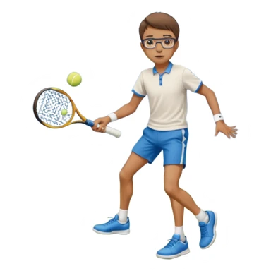homme l'air cool taille moyenne corpulence maigre cheveux chatain court yeux bleus lunettes photo de pieds en pantalon qui fait du tennis sticker