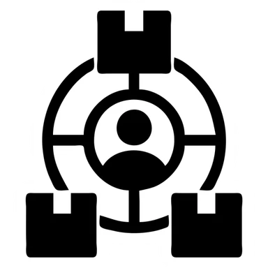 Minimalistic icon for 'Supply Chain Experience' featuring a logistics symbol, designed in a solid black filled style, with a radial layout sticker