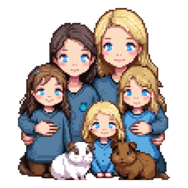 Family portrait with father with dark brown hair and blue eyes, mother with light brown hair and blue eyes, three blonde little girls with blue eyes, plus a grey cat and two guinea pigs sticker