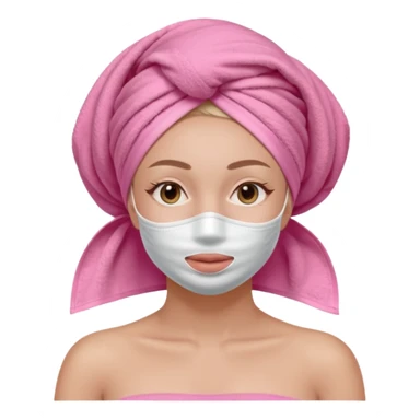 Clean girl influencer character, chest-up portrait, wearing a pink towel wrapped around the head, full face facial skincare mask on face, relaxed confident expression, soft glow skin, minimal chic aesthetic, subtle beauty accessories, calm self-care vibe sticker