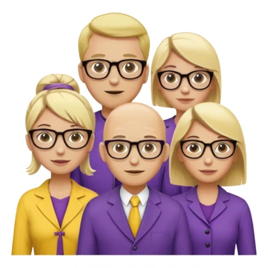 FIVE person team; 2 men and 3 women.  All dressed in yellow or purple.  2 caucasian women have blonde and 1 has ash blonde hair tied up.  1 man is black and bald, 1 man is caucasian and very little hair left.  All have glasses sticker