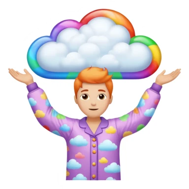 person in pajamas with arms wide, colorful dream cloud above head sticker
